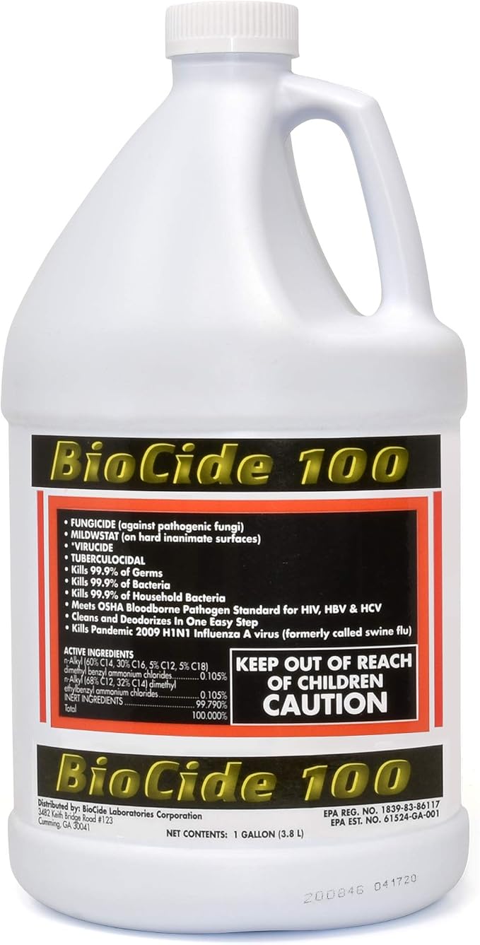 Bio Cide Laboratories BioCide 100 - Multi-Purpose Cleaner and Disinfectant Spray - Professional Grade Bacteria, Virus Mildew, and Fungi Remover - 1-Gallon - Bottle