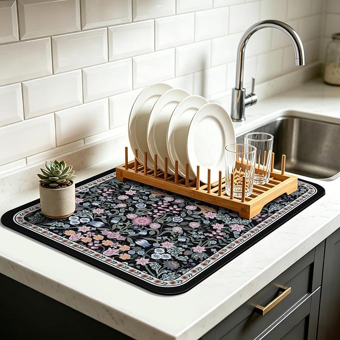 Vintage Floral Dish Drying Mat 16x18 Inch, Dish Mat Drying Kitchen Mats for Extra Large Absorbent Countertop, Aesthetic Boho Drying Matt Kitchen Counter Washable Heat Resistant Dish Drainer Rack Mat