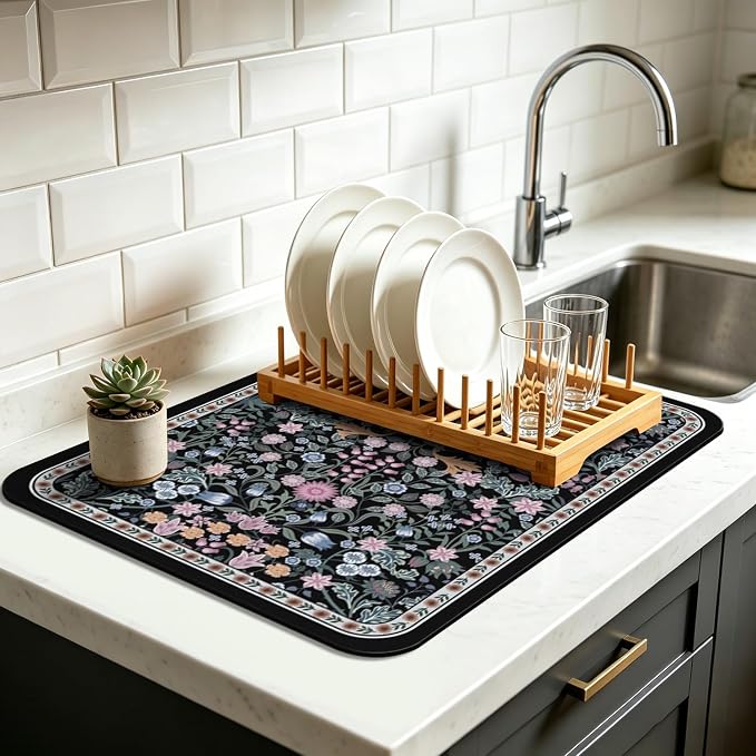 Dish Drying Mat for Kitchen Counter 12x20 Inch, Boho Quick Dry Coffee Mat | Made of super absorbent diatomite that quick dries dishes, coffee machine & sink area. Non-slip rubber base for countertop