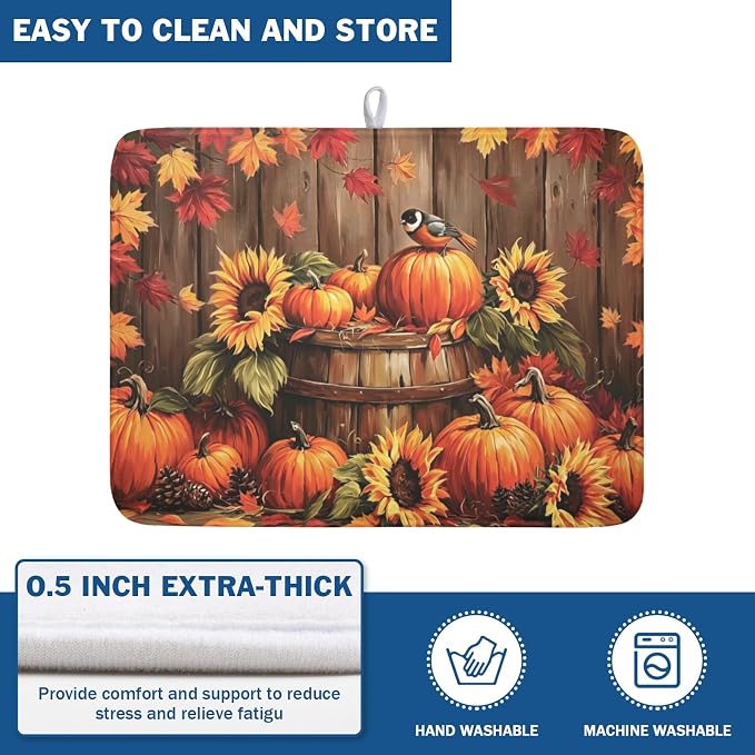 Fall Pumpkin Dish Drying Mat for Kitchen Counter Thanksgiving Autumn Harvest Pumpkin Microfiber Dish Drainer Mat Rustic Farmhouse Absorbent Washable Drying Pad 18"x24"