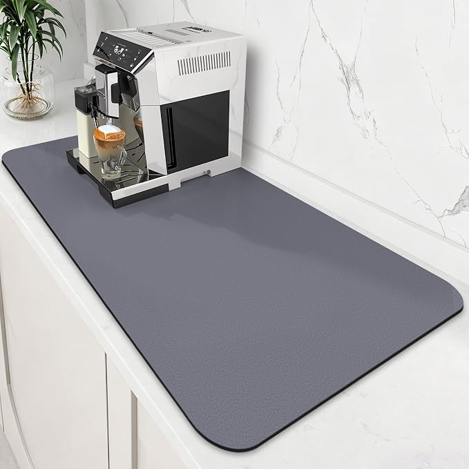 WISELIFE Coffee Mat Super Absorbent Dish Drying Mat Coffee Bar Accessories Match with Machine Large Drying Mats for Kitchen Counter 18" W x 36" L, Grey