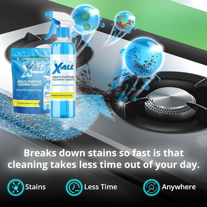 X-ALL Multi-Purpose Cleaner - Spray Bottle and 5x Cleaning Tablets - Cleaner for Oven, Kitchen & Floor surfaces, and Removes Grease and Grime