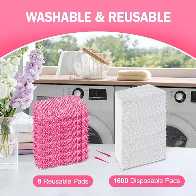 8 Pack Reusable Mop Pads Compatible with Swiffer Sweeper, Dry Sweeping Cloths & Wet Mopping Cloths - Microfiber Mop Pads for Hardwood Floors, Floor Cleaning, Wood Floors (Pink)