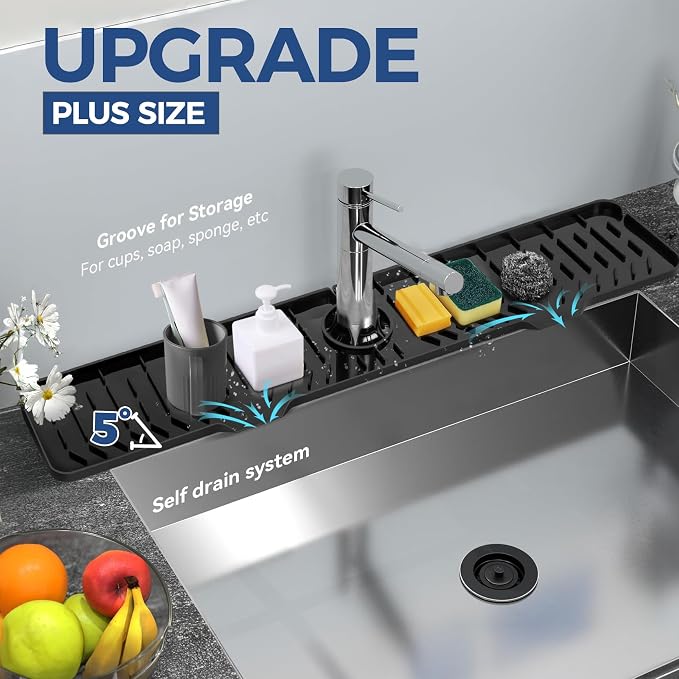 24" Splash Guard Plus Size Silicone Sink Faucet Drying Mat Handle Drip Catcher Tray Dish Sponge Holder Kitchen Accessories Protector Home Organization Gadgets Organizer