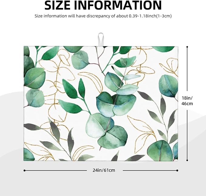 Green Leaves Dish Drying Mat For Kitchen Counter, Super Absorbent Microfiber Dish Drying Pad, Kitchen Gadgets For Easy Clean Multi-Use Large 18"x24"