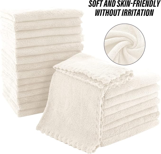 MOONQUEEN Ultra Soft Premium Washcloths Set - 12 x 12 inches - 24 Pack - Quick Drying - Highly Absorbent Coral Velvet Bathroom Wash Clothes - Use as Bath, Spa, Facial, Fingertip Towel (Cream)