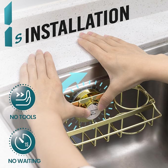 TAILI 4-in-1 Sponge Holder for Kitchen Sink with Strong Suction Cup Removable, Rustproof Stainless Steel Sink Caddy for Sponge, Brush, Scrubber, Scraper -Gold