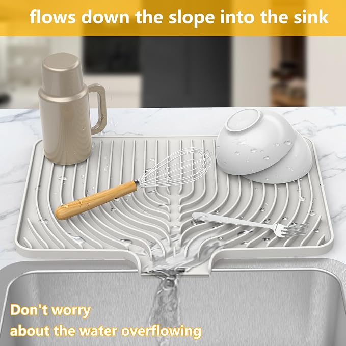 Dish Drying Mat for Kitchen Counter, 18"x12" Dish Drying Rack(white) | Various Sizes & Colors,Steep-Slope Built in Drain,High-fin Ventilation,Food-grade Silicone,500F heat resistant,for Flat sinks