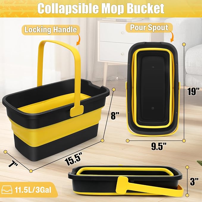Collapsible Mop Bucket for Cleaning with Handle, Square Foldable Bucket | Silicone Wash Bucket for Windows Cleaning, Car Washing,Portable Plastic Water Bucket for Storage Household Use, 3-Gallon