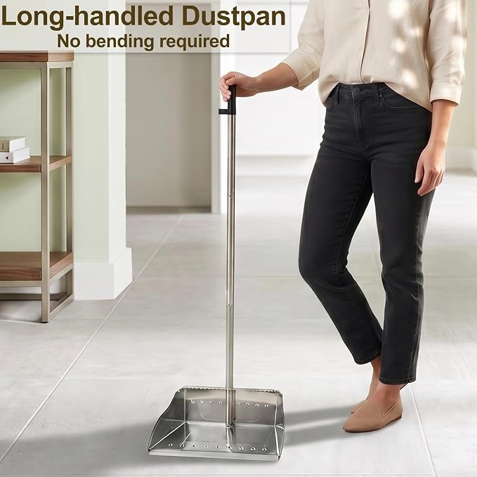 Metal Dust Pan with Long Handle, Stainless Steel Standing Dustpan | Metal Dustpan with Teeth