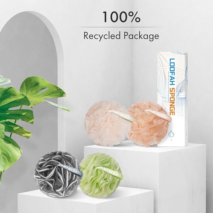 AmazerBath Bath Loofah Sponge (Pack of 4), Shower Loofah 60g/PCS Body Scrubber Loofa - Light Orange-Green-Grey-Beige, Bath Sponge for Men and Women