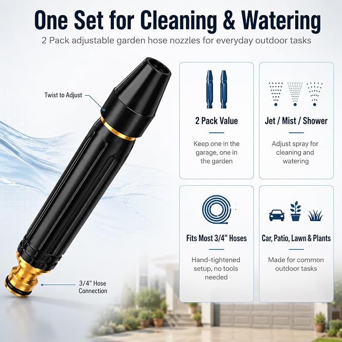 High Pressure Hose Nozzle, Black Alloy Core, 2 Pack | Adjustable high pressure water hose nozzle with jet, mist and shower spray for car washing, patio cleaning, lawn and plants
