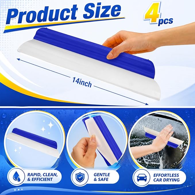 4 Pack 14 Inch Car Drying Squeegee Blue Longer Silicone Water Squeegee Window Shower Blade Automotive Flexible Auto T-bar Rubber Squeegees for Car Windshield Glass Bathroom Wash Tool