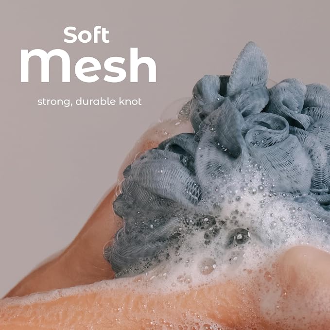 MainBasics Shower Loofah Sponge Pouf, Set of 3, Airy Blossom | Soft Mesh Body Scrubber and Bath Sponge for Gentle Exfoliation, Rich Lather, and Everyday Shower Use
