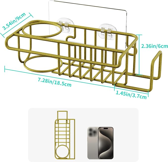 HapiRm Sponge Holder for Kitchen Sink, No Drill Kitchen Sink Caddy Organizer, Rustproof Dish Sponge Holder- Gold(8.73 * 3.54 * 2.36in)