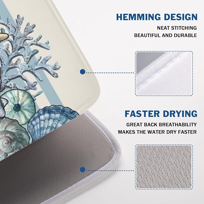 Nautical Coastal Dish Drying Mat for Kitchen Counter Summer Beach Seashell Starfish Microfiber Dish Drainer Mat Ocean Blue Pattern Absorbent Washable Drying Pad Extra Large 18"x24"