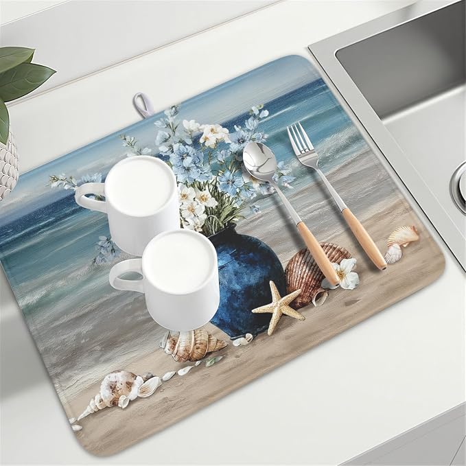 Summer Beach Dish Drying Mat for Kitchen Counter Nautical Coastal Blue Ocean Vase Floral Seashells Microfiber Dish Drainer Mat Absorbent Washable Drying Pad 18"x24"