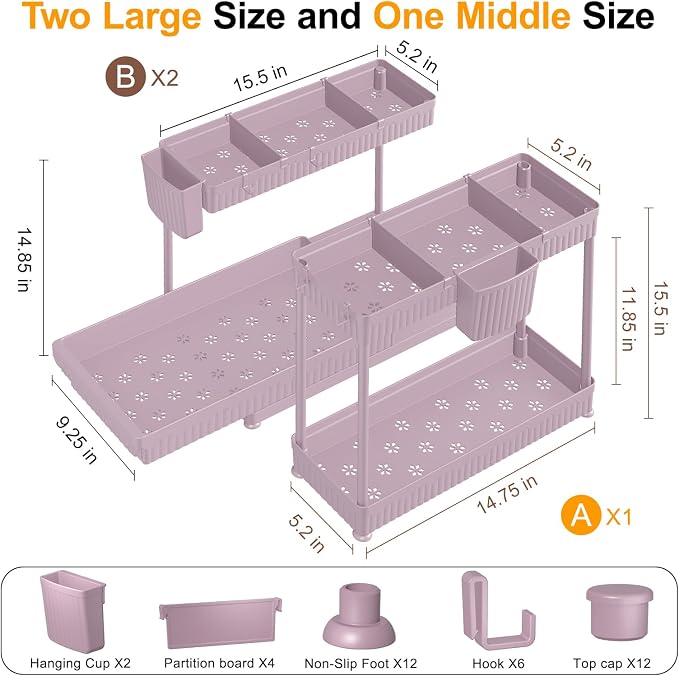 Sevenblue 3 Pack Multi-Purpose Pull-Out Storage Organizers, 2-Tier L-Shaped Under Sink/Cabinet Organizers and Storage for Bathroom & Kitchen,Pink,14.85 Inch