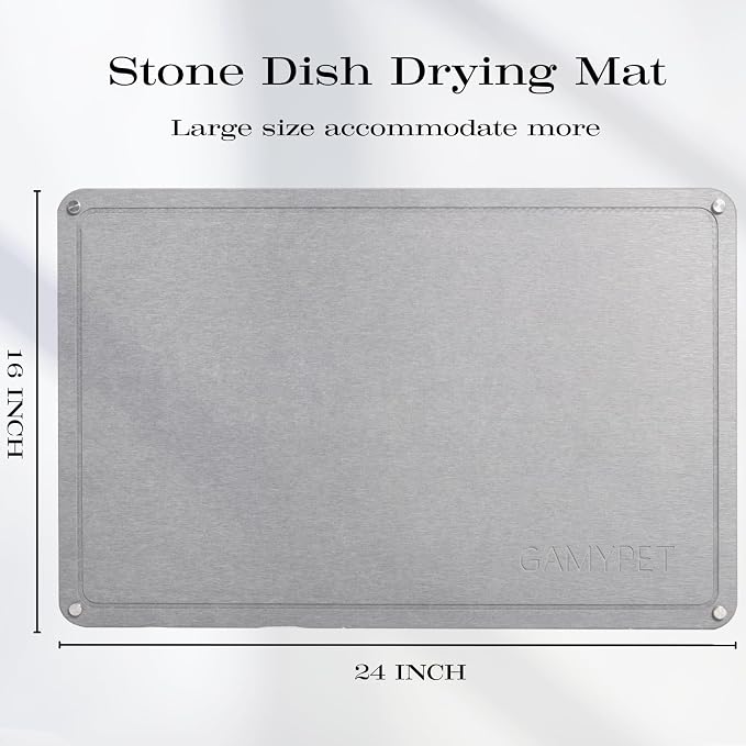 Stone Drying Mat 24"x16" Stone Dish Drying Mat for Kitchen Counter | Natural Diatomaceous Earth Absorbs Fast While Elevated Steel Feet Improve Airflow And Curved Wood Supports Prevent Sagging