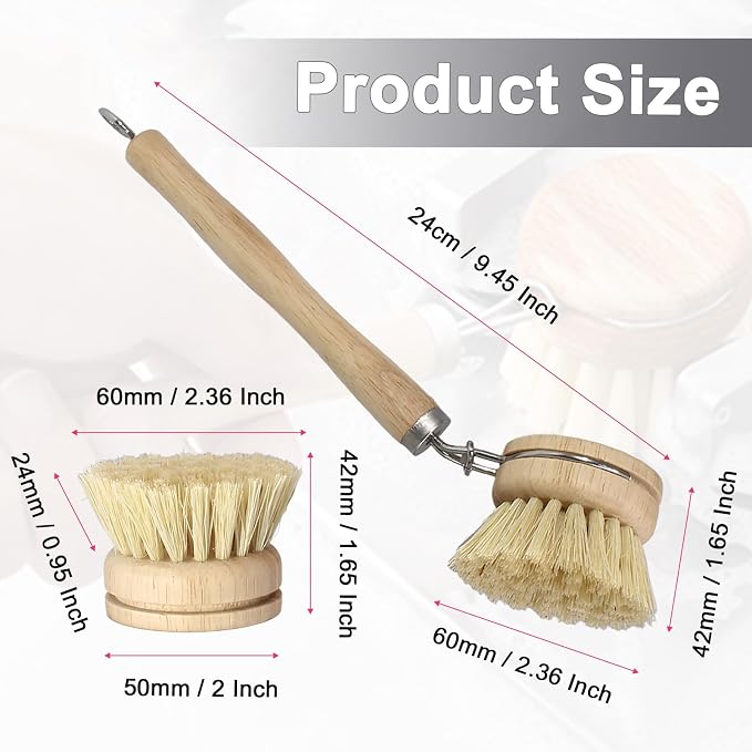 Wooden Dish Brush Set, 4 Natural Bristle Replacement Heads with 1 Sturdy Wooden Handle, Sisal Kitchen Scrub Brush for Pots, Pans, Vegetables and Cookware