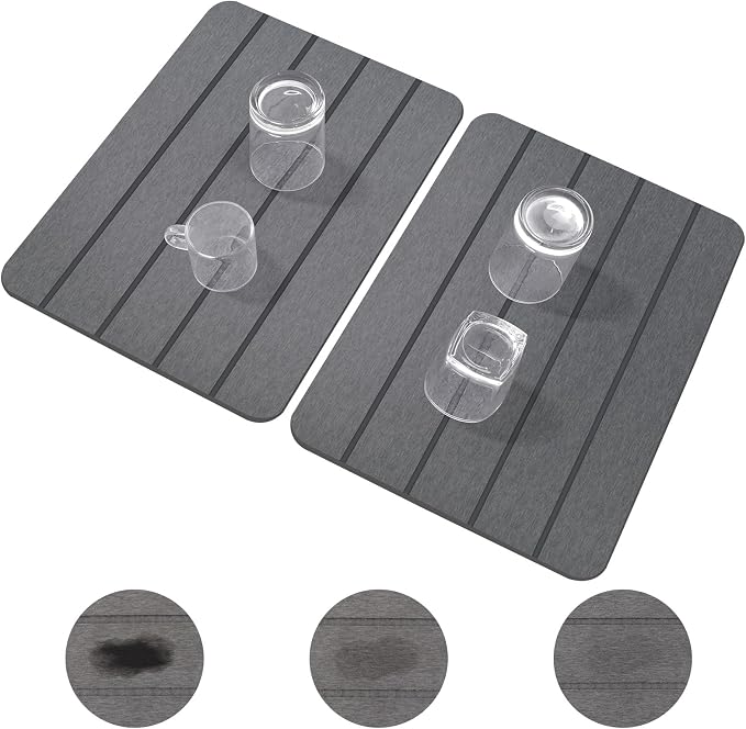 Stone Drying Mat for Kitchen Counter, 2-Pack 16"x12" Fast Drying Stone Dish Mat, Double-Sided Diatomaceous Earth Dish Drying Mat, Highly Absorbent Eco-Friendly Kitchen Mat (Gray, Vertical Stripes)
