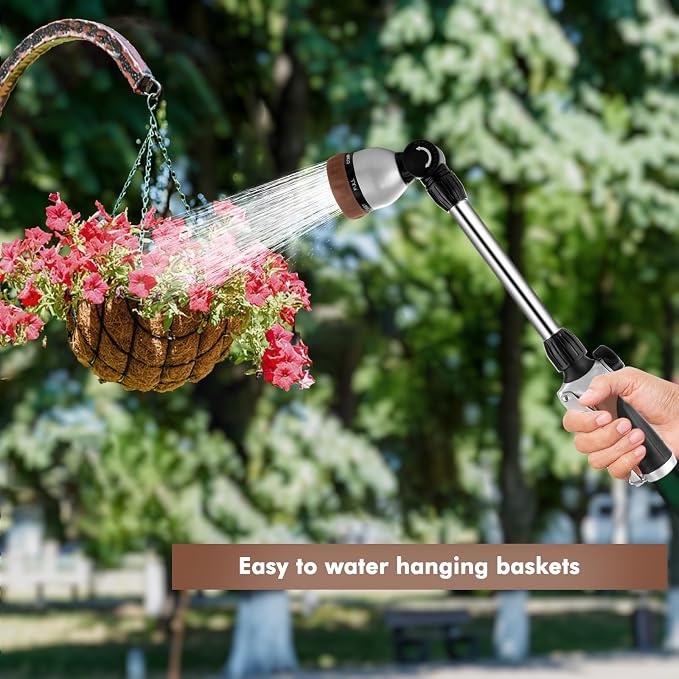 RESTMO Heavy Duty Metal Hose Wand, Watering Wand for Garden Hose | 180° Swivel Ratcheting Head, 16'' Hose Sprayer, 7 Spray Patterns, Flow Control, Ideal for Hanging Baskets & Shrubs, Brown