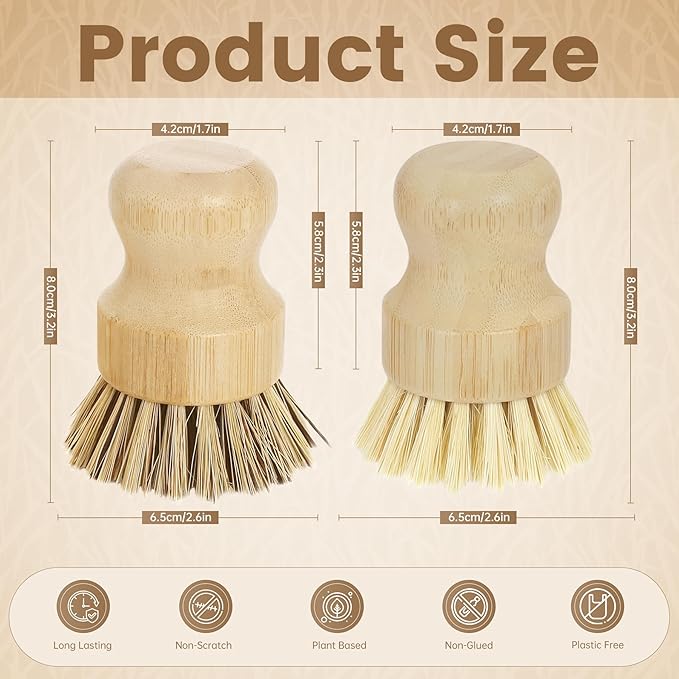 DEBETOOL 2-Pack Bamboo Dish Brush – Natural Dish Scrub Brush with Sisal & Palm Bristles for Non-Stick Pans, Pots, Vegetables, and Kitchen Cleaning