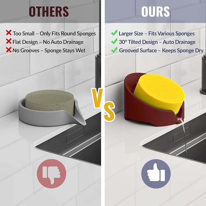 NiHome Silicone Sponge Holder for Kitchen Sink, Fits Scrub Daddy Mommy | Self-Draining Dispenser Organizer Tray, Sink Caddy Countertop Fits Soaps, Scrubber, Dishwasher Safe, Includes Brush, Dark Red