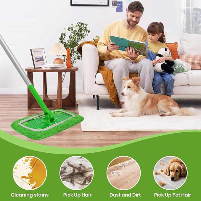 6 Pack Reusable Microfiber Mop Pads - Compatible with Sweeper, Reusable Mop Pads, Washable Dry Cloths & Wet Pads Refill for Hardwood Laminate Tile Floor Cleaning (6, Green, M)