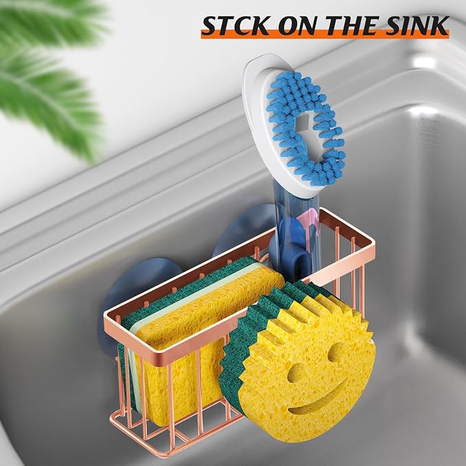 MURLONG Sponge Holder Smiley Face,Sink Caddy for Kitchen Sink,Sponge Holder with 2 PCS Suction Cups/1 PCS Adhesive Strips,Designed for Sponge,Soap,Dish Brush,Scrubber-Rose Gold