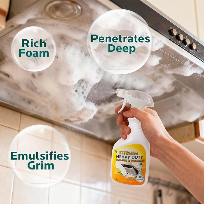 Degreaser Cleaner Heavy Duty Spray: Foaming Kitchen Cleaner Spray Cuts Through Baked-On Grease on Ovens Stove Tops Grills - Clean Up Kitchen Oil Stains Spray for Multi-Surface Cookware & Countertop