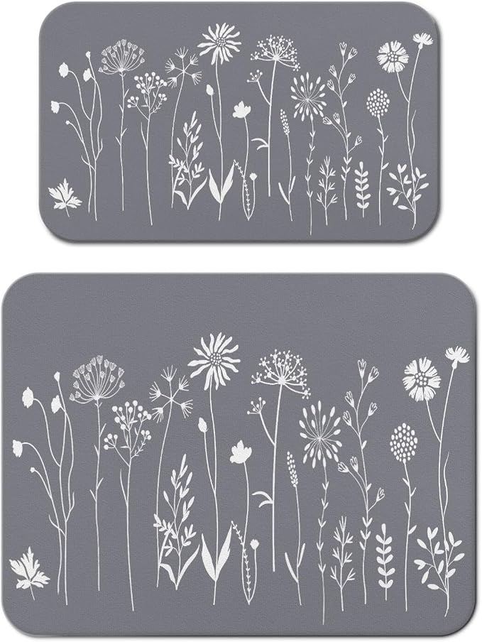 Dish Drying Mat 2-Pack with Wildflowers for Kitchen Counter Dishes | Diatom Mud Mats (18x24, 19.5x12"). Non-slip rubber back for kitchen counter, coffee bar & sink scenes