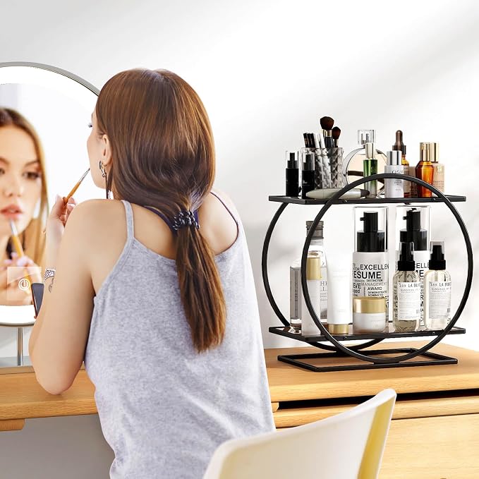 Perfume Organizer for Dresser, Black Bathroom Counter Organizer, 2 Tier Vanity Makeup Organizer, Bathroom Organizer and Storage for Skincare Cosmetic Perfume Display Stand for Bedroom Decor
