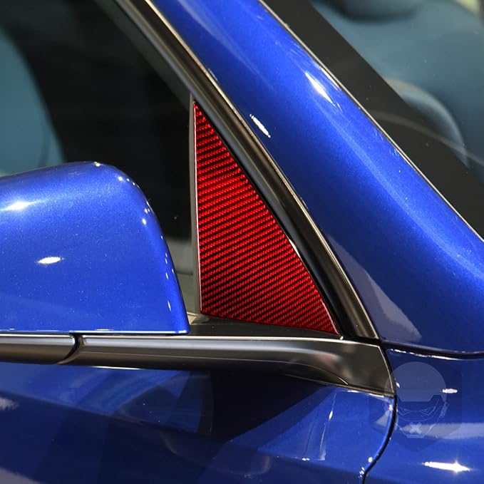 Red Real Carbon Fiber Trim for Tesla Accessories | for Model 3 2017-2022 / Model Y 2020-2024 Door Window A Pillar Triangle Sticker Interior Thick Overlay Decal