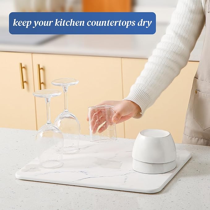 Quick Dry Stone Drying Mat for Kitchen Counter, Water-Absorbent Diatomaceous Dish Drying Mats, Multi-Purpose Stone Drying Tray for Cups Dishes Bottles, Carrara White Marble