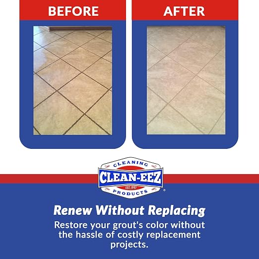 Clean-eez Grout-eez Tile Cleaner with Handheld Brush – 32 oz Heavy-Duty Stain Remover for Ceramic and Porcelain Surfaces – Safe for Colored Grout – Not for Natural Stone – Bathroom & Kitchen Use