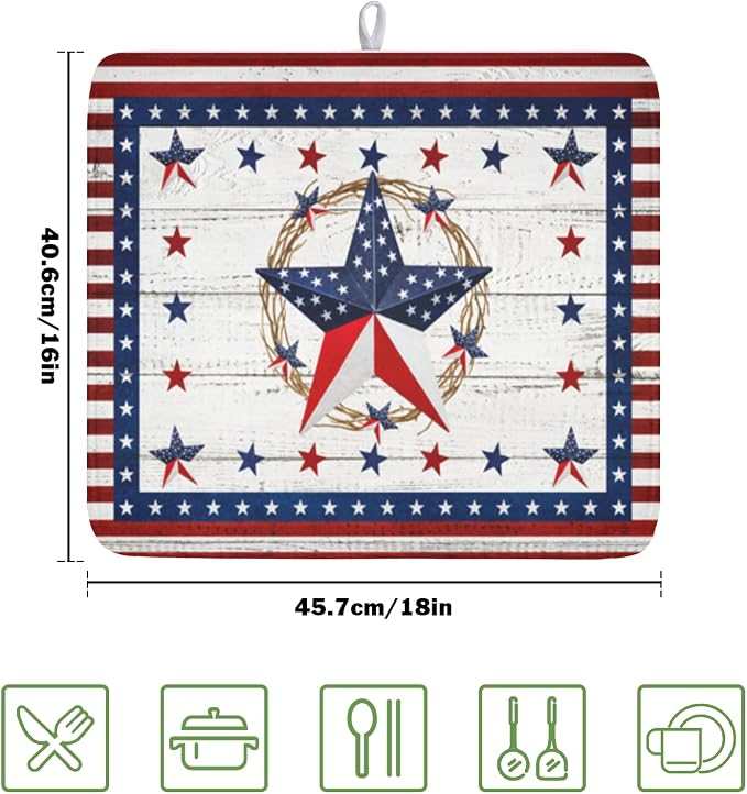 4th of July Patriotic Dish Drying Mat for Kitchen Counter Vintage Red and Blue Star Microfiber Dish Drainer Mat Country Absorbent Washable Drying Pad 16"x18"