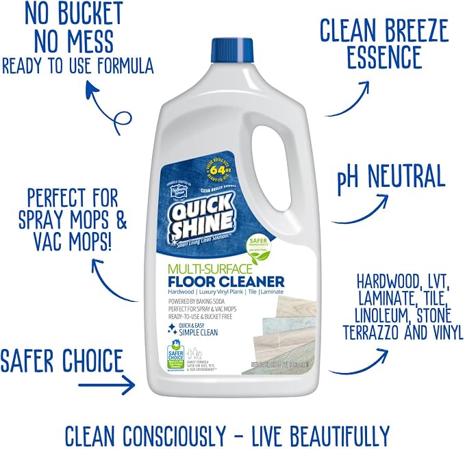 Quick Shine Multi-Surface Floor Cleaner 64 oz-4 Pk, Streak-Free, No Residue | Powered by Baking Soda, Clean Breeze Essence, pH Neutral, No Rinse, PFAS & Ammonia Free, EPA Safer Choice Made in USA