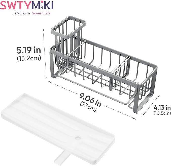 SWTYMIKI Sponge Holder for Kitchen Sink - Sink Caddy with Brush Holder Self-draining Sponge Caddy Organizer with Divider Stainless Steel Kitchen Accessories Storage for Countertop, Gray