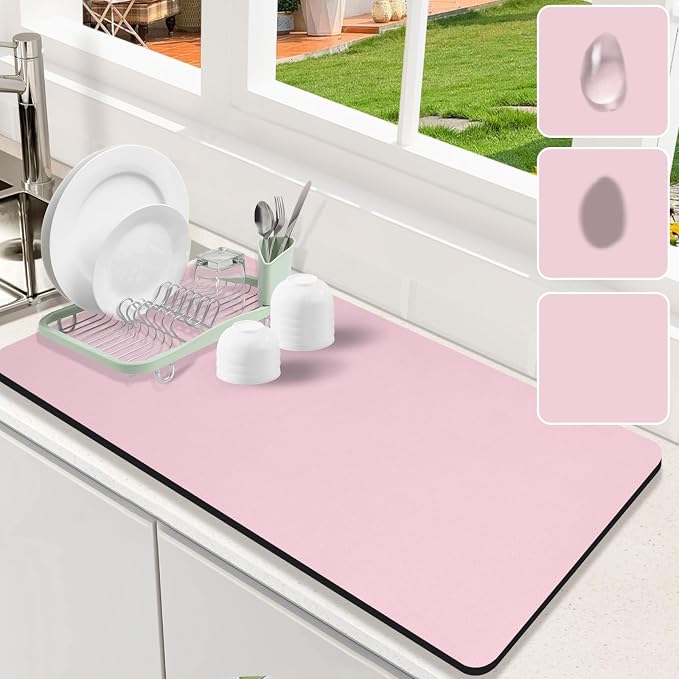 Dish Drying Mat for Kitchen Counter,Dish Drying Pad with Non-slip Rubber Backed, Hide Stain Anti Absorbent for Kitchen Counter, Drying Mat for Coffee Machine Dish Rack (Pink, 17" x 31.5")