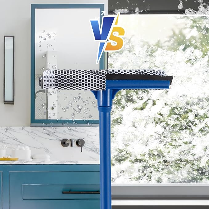 15.9" Window Squeegee for Car,2 in 1 Squeegee Window Cleaner with Long Stainless Steel Handle,Sponge Car Window Squeegee for Gas Station, Glass,Shower (Plastic Pole)