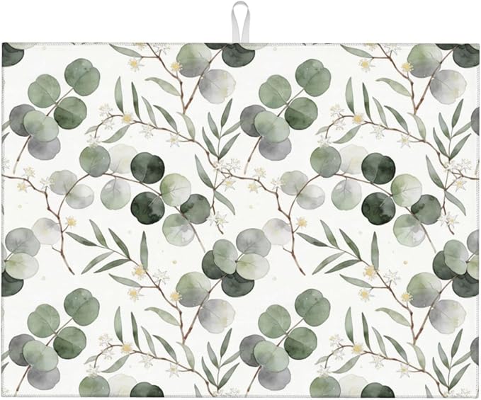 Sage Green Dish Drying Mat, for Spring Kitchen Counter Microfiber Absorbent, Sage Leaves Dish Draining Mat Extra Large 18"x24"