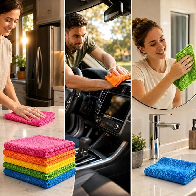 Handy Housewares Multicolor Microfiber Cleaning Cloths Set of 6 | 12" x 14" Each, Streak-Free Clean, Washable & Reusable, Multi-Purpose Use, No Lint or Residue
