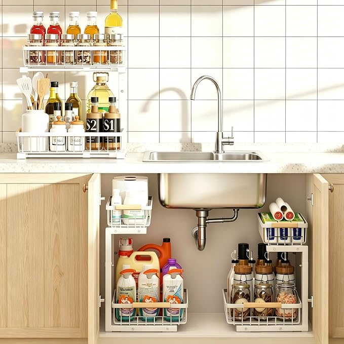 REALINN Under Sink Organizer, Height Adjustable Under Sink Organizers and Storage, 2 Tier Pull Out Drawer Cabinet Storage for Kitchen Bathroom, 1 Pack, White