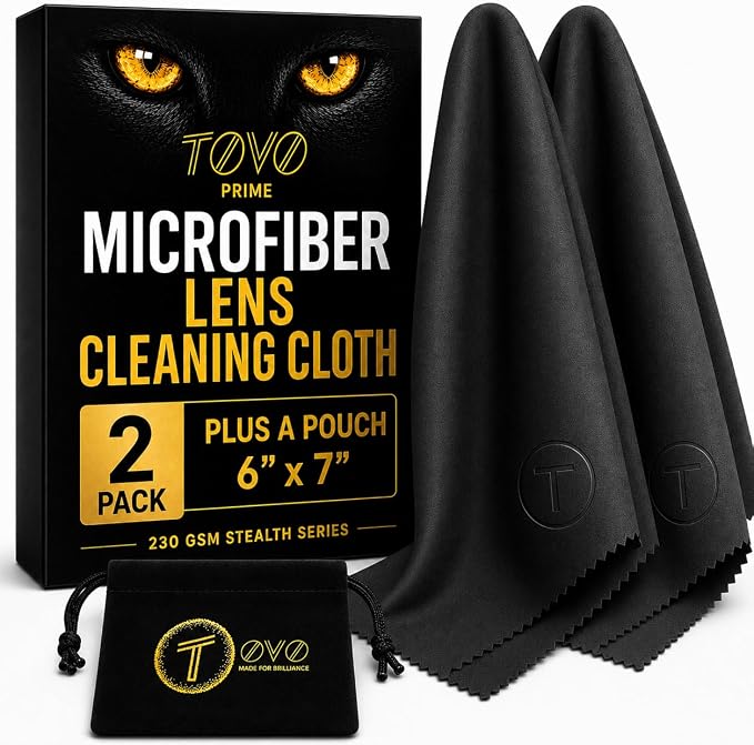 Microfiber Cleaning Cloth, 2 Pack + Velvet Pouch, 6"x7",230 GSM Thick Lens Cleaner for Glasses, Camera & Screens, Ultra Soft, Streak-Free, Lint-Free, Scratch-Safe- All Black
