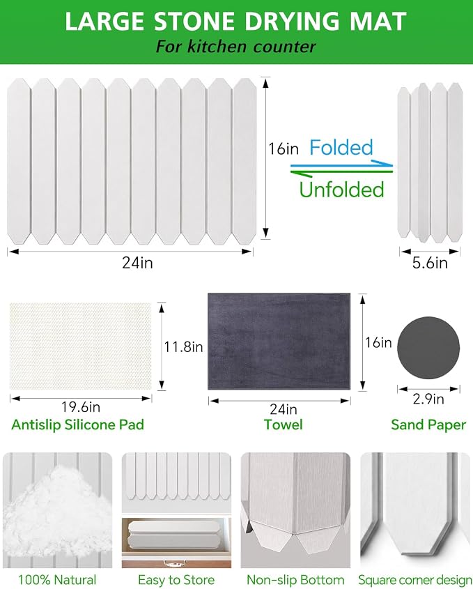 White Stone Drying Mat for Kitchen Counter, Diatomaceous Dish Drying Mat 16x24 Inch, Fast-Absorbing Quick-Dry Non-Slip Sink Tray