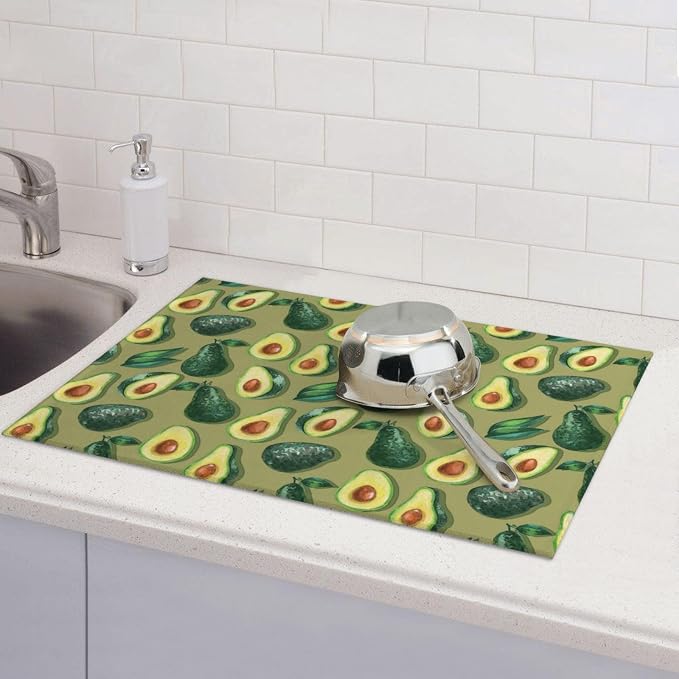 Green Avocado Dish Drying Mat For Kitchen Counter, Super Absorbent Microfiber Dish Drying Pad, Kitchen Gadgets For Easy Clean Multi-Use Large 18"x24"
