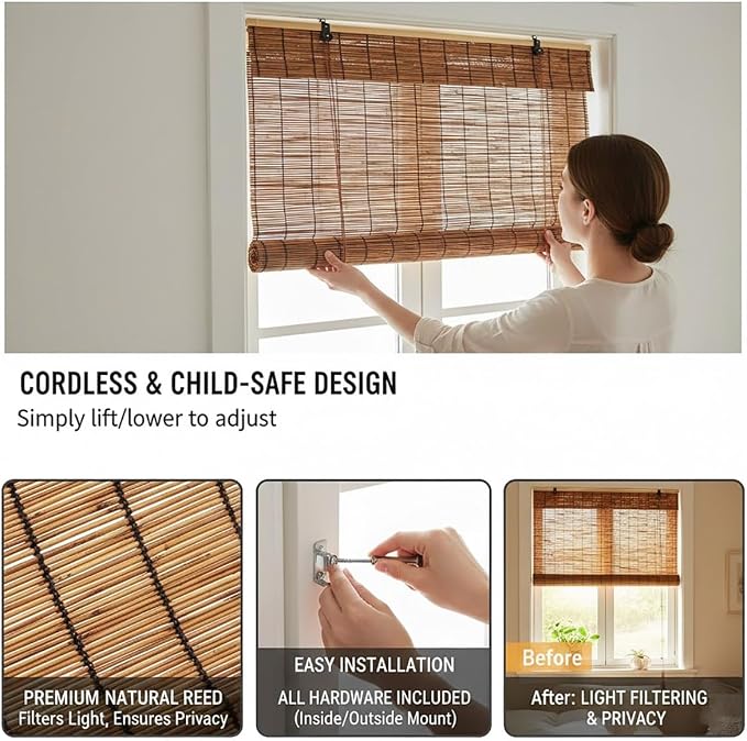 Retro Bamboo Roll up Blinds, Outdoor Reed Shades for Patio & Porch, Waterproof Roller Window Shades with Lift, Blackout Privacy Screen for Home Garden, 24" 36" 48" 60" 72" Wide Brown(44" W x 84" H)