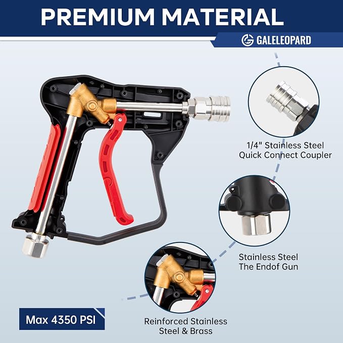 Short Pressure Washer Gun with 1/4" QC,with 5 Spray Nozzle Tips | 4350 PSI High Pressure Washer Gun,3/8'' Male Plug and M22-14/15mm Fittings, Power Washer Gun Compatible with Foam Cannon