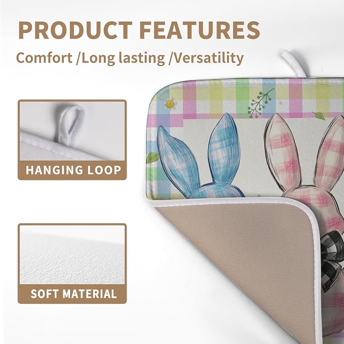 Easter Drying Mat for Kitchen Counter - 16x18 In, Multi-color (Buffalo Plaid), Microfiber & Composite Sponge, Cute Bunny Pattern, Absorbent Dish Drainer Mat